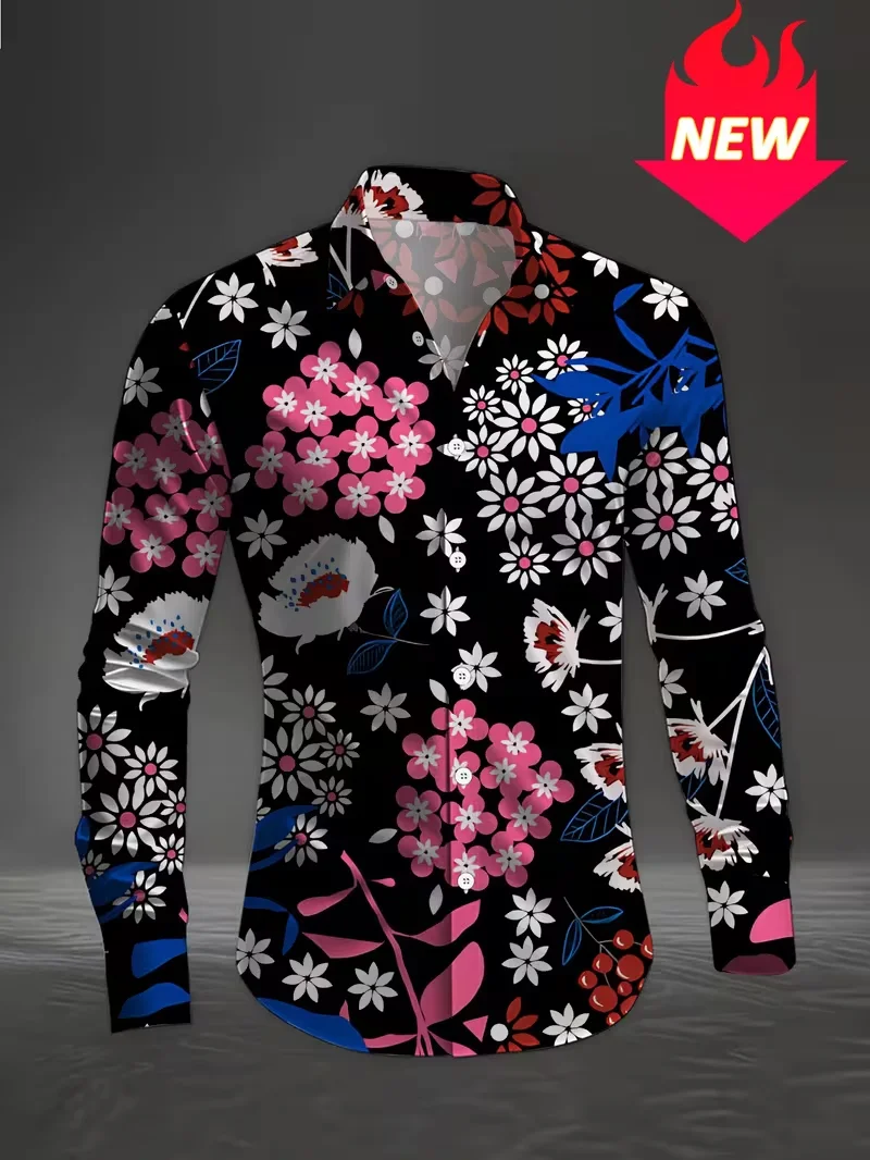 New fashionable men's long sleeved shirt casual star flower retro long sleeved shirt button lapel men's shirt