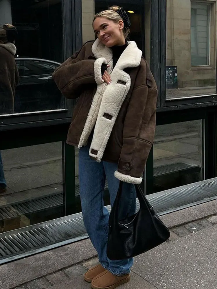 2024 Winter Thick Fluffy Coat For Women Vintage Big Lapel Long Sleeve Single Breasted Outerwear Chic Female Street Warm Tops