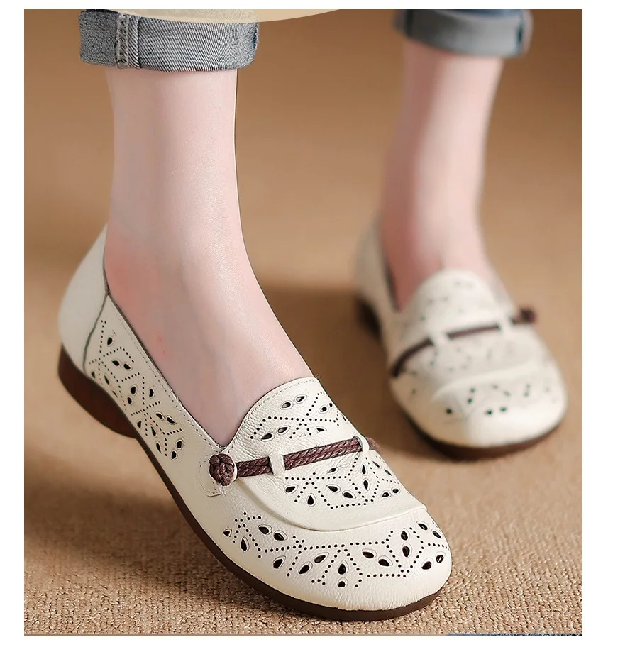 2024 New Retro Ballet Flats Shoes Womens Summer Slip On Loafers Woman Leather Moccasins Hollow Out Office Flat Shoes Ladies