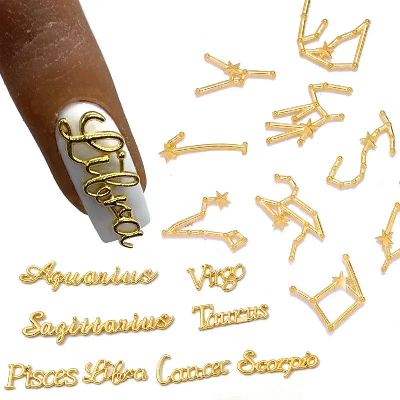 12 Zodiac Alphabet Symbol Gold/Silver Constellation Nail Charm 3D Alloy Flatback DIY Jewelry Nail Accessories