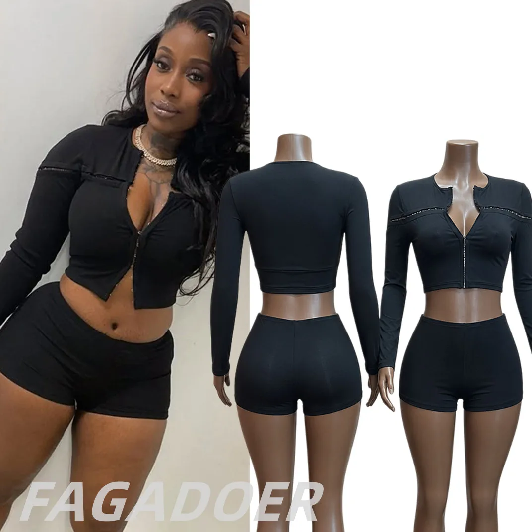FAGADOER Y2K Streetwear Black Shorts 2 Piece Outfits Sexy Hollow Out Metal Hook Long Sleeves Crop Top and Bodycon Shorts Suits