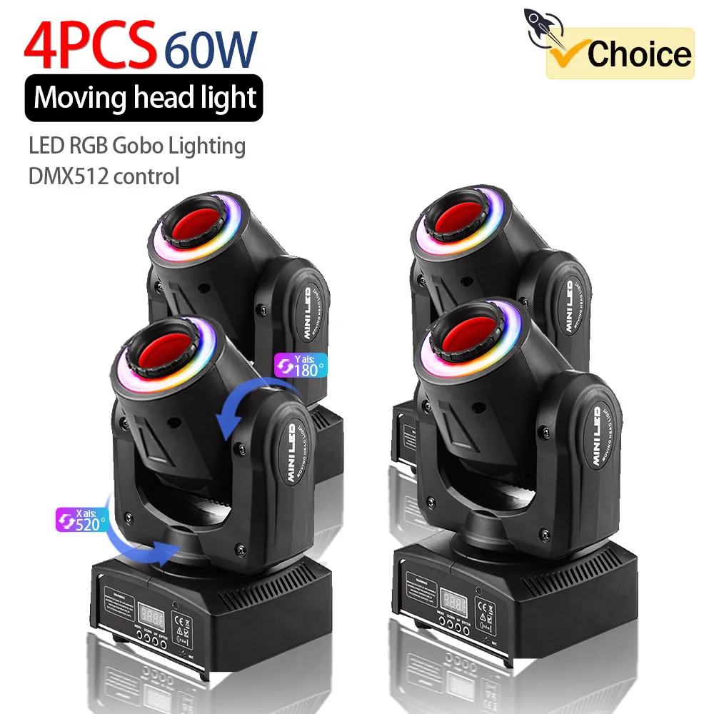 

4 шт., 60 Вт, вращающийся на 520 ° узор, освещение для дискотеки, профессиональное сценическое освещение KTV, для праздника, свадьбы, внешнее освещение, RGB, Подвижная головка