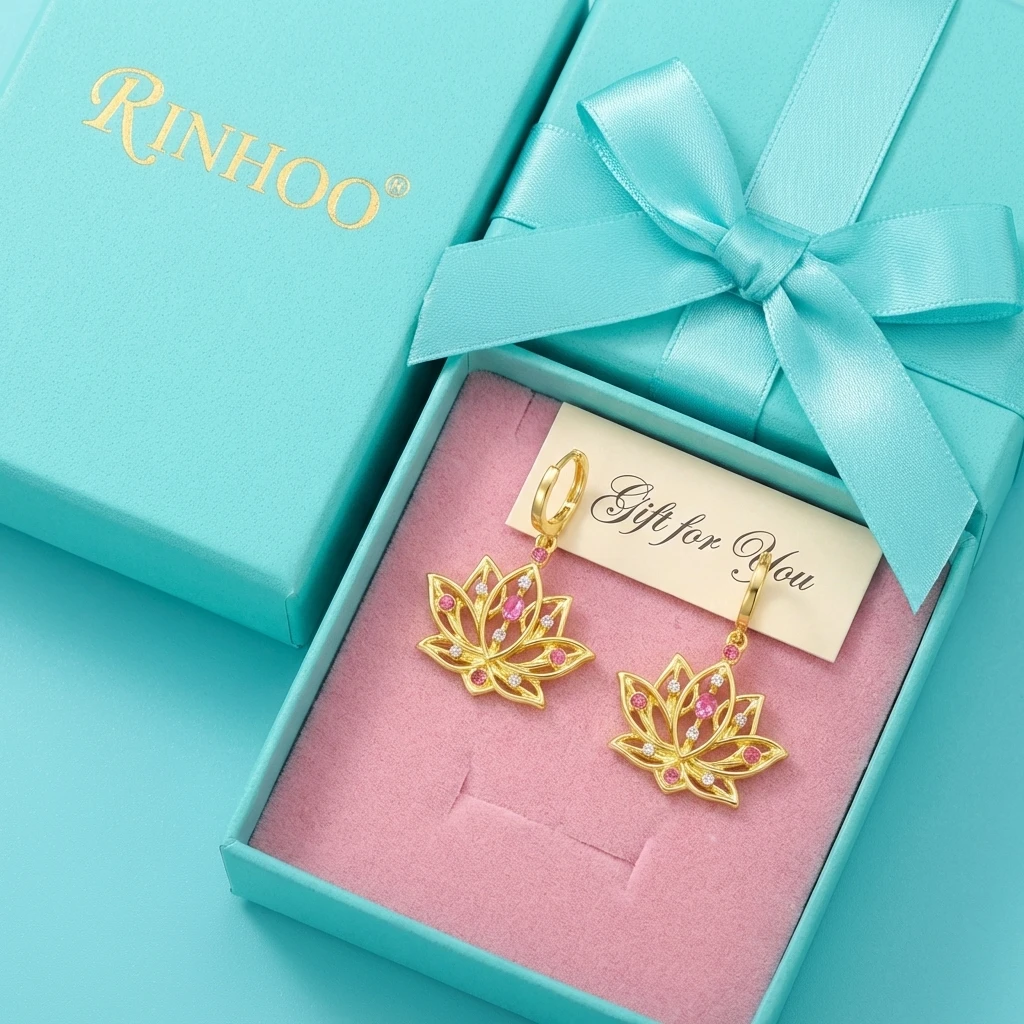 Elegante goldfarbene hohle Lotusblüten-Ohrringe für Damen, Boho, glitzernde Strass-Tropfenohrringe, spiritueller Kristallschmuck, Geschenk – Detail 5