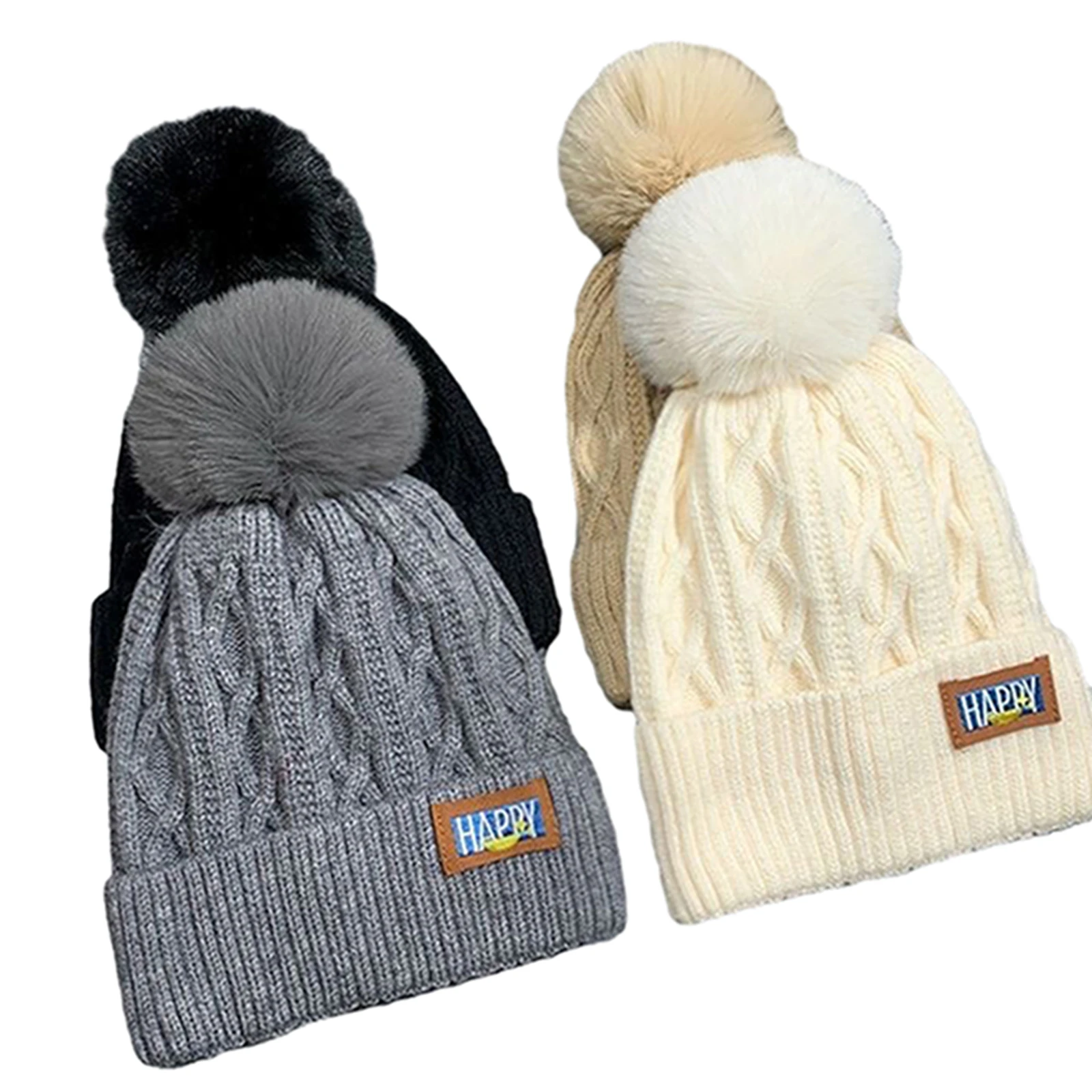 Women's Casual Beanie with Fur Ball,Winter Warm Soft Cozy Solid Color Knitted Textured Ribbed Knit Hats,Skullies Caps