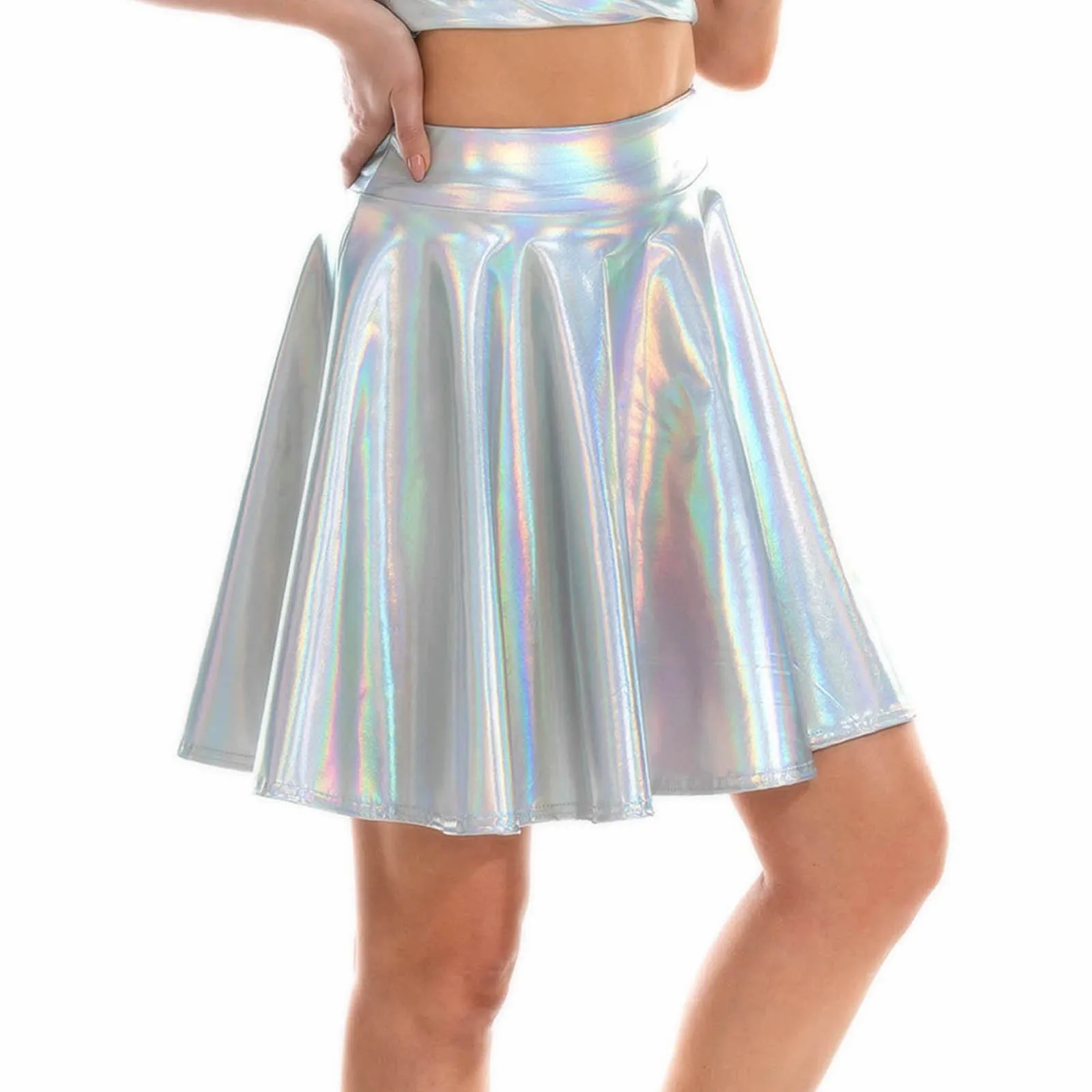 

2024 Summer Shiny Metallic Women Pleated Skirt Stretchy High Waist A-Line Mini Skirts Dance Party Performance Nightclub Faldas