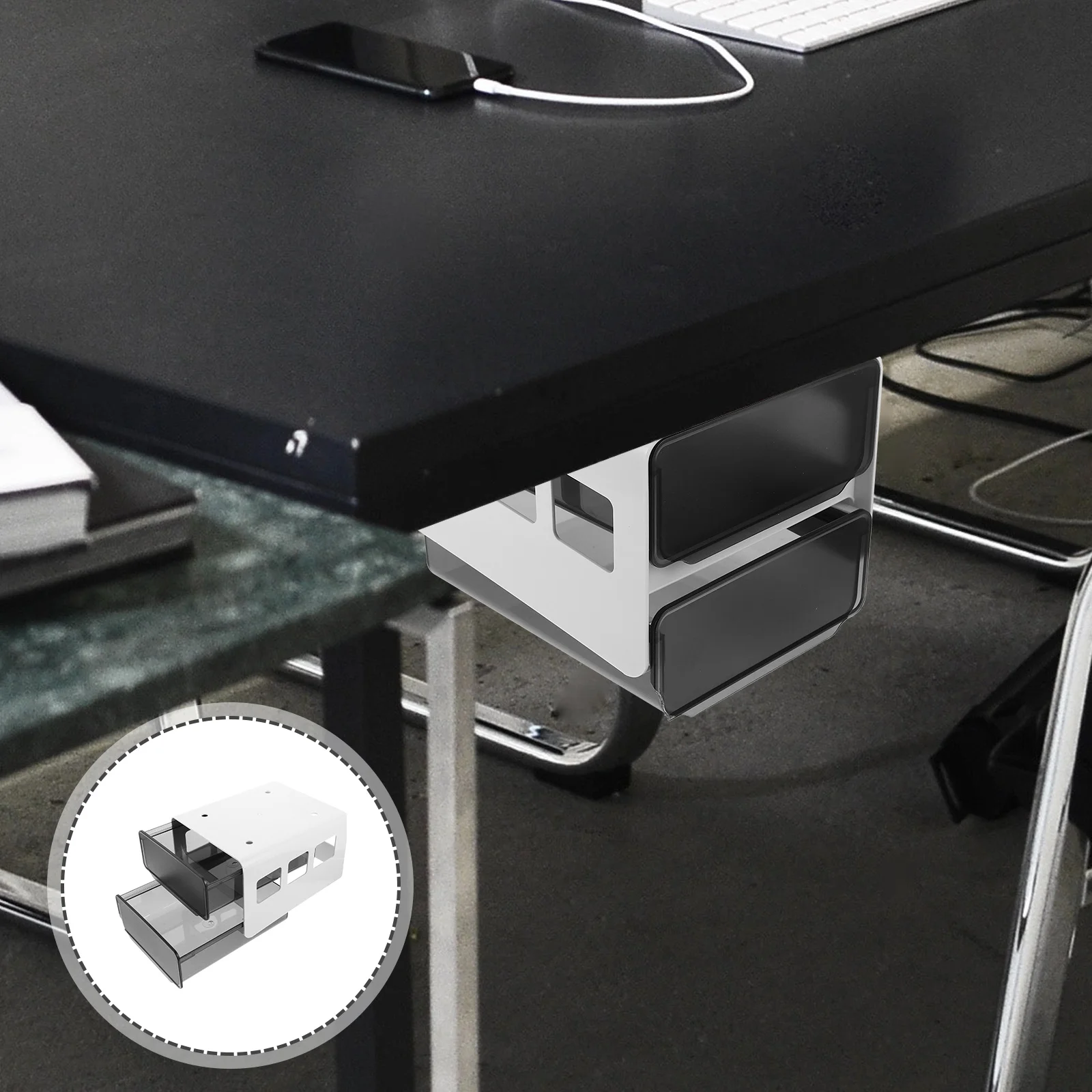 

Plastic Under Desk Organizer Hidden Drawer Box Storage Organizer Desktop Drawer Self Adhesive Easy Install for Office Home