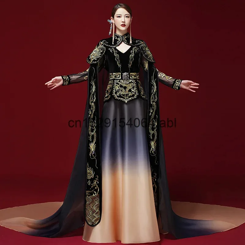 

Host's Dress: Elegant, Catwalk Temperament, Stage Performance, Chinese Style, China-Chic Studio Dress, Black, Han Fu