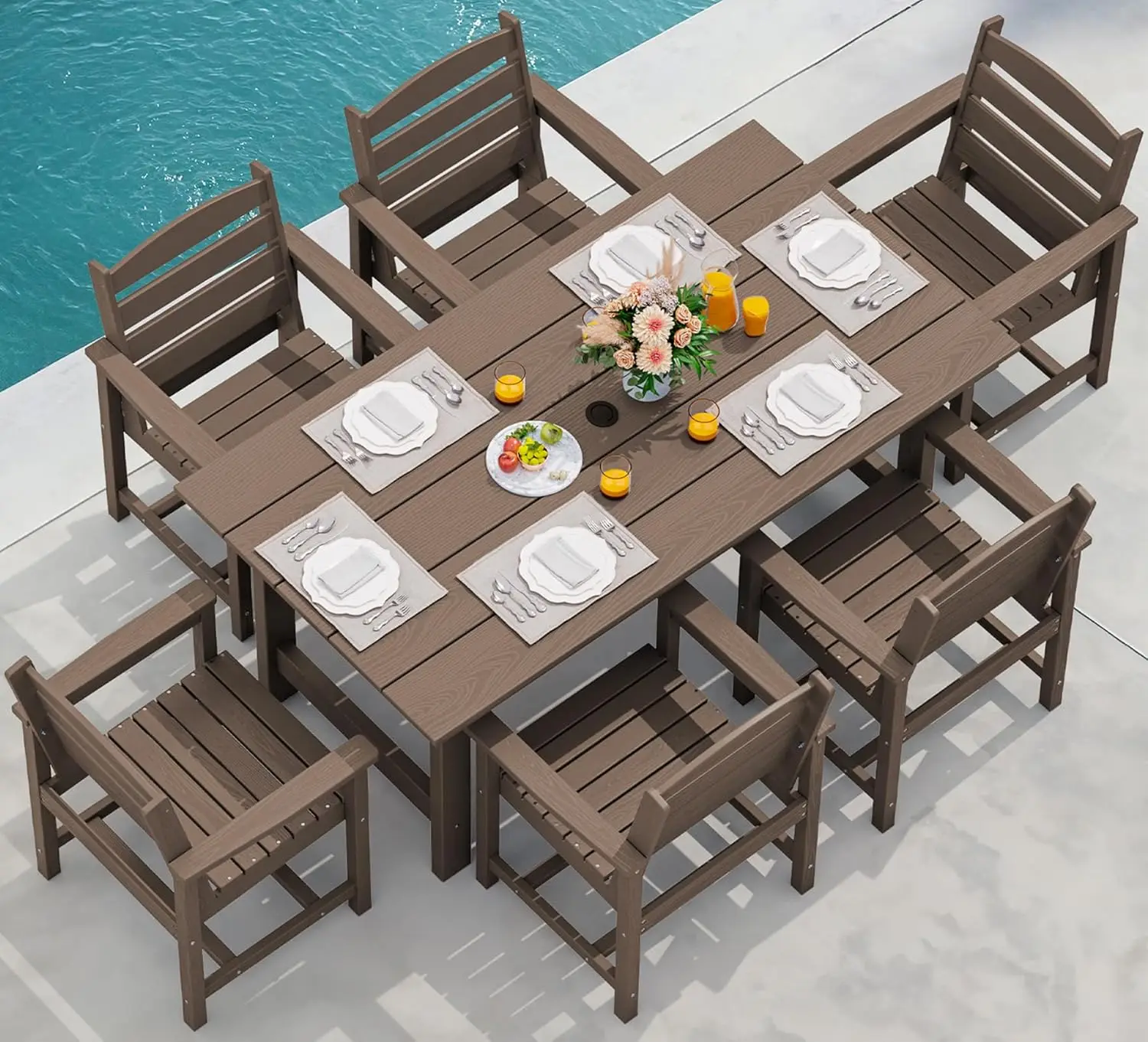 

7-Piece Patio Dining Table Sets, Outdoor HDPE Dining Furniture Set with Umbrella Hole Cut-Out Table and 6 Chairs, Coffee