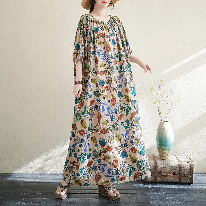 

NYFS 2025 Summer New O-neck Woman Dresses Vestidos Robe Ete Femme Elbise Fashion Print Short Sleeve Cotton Linen Long Dress
