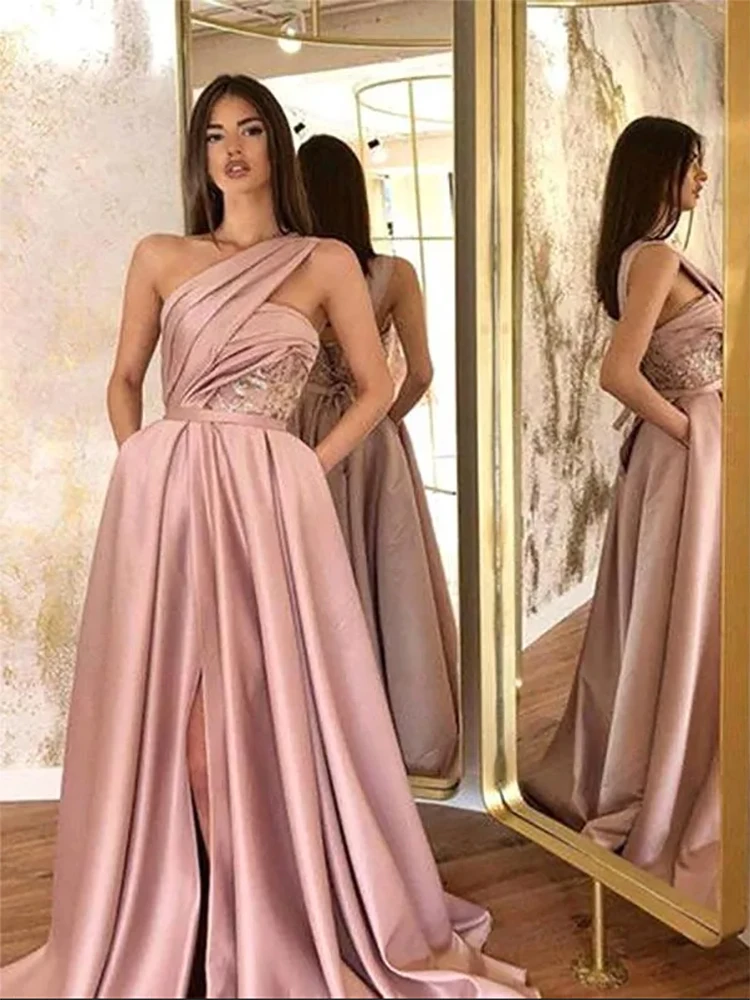 Dusty Pink Split  A Line One Shoulder Evening Dresses Arabic Stylish  Prom Gowns Women Occasion Formal Vestidos Custom made