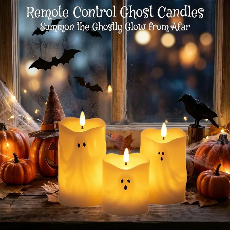 A02F-6PCS Ghost Flameless Taper Candles With Remote And Timer Led Candlesticks With 3D Wick Halloween Fake Candle