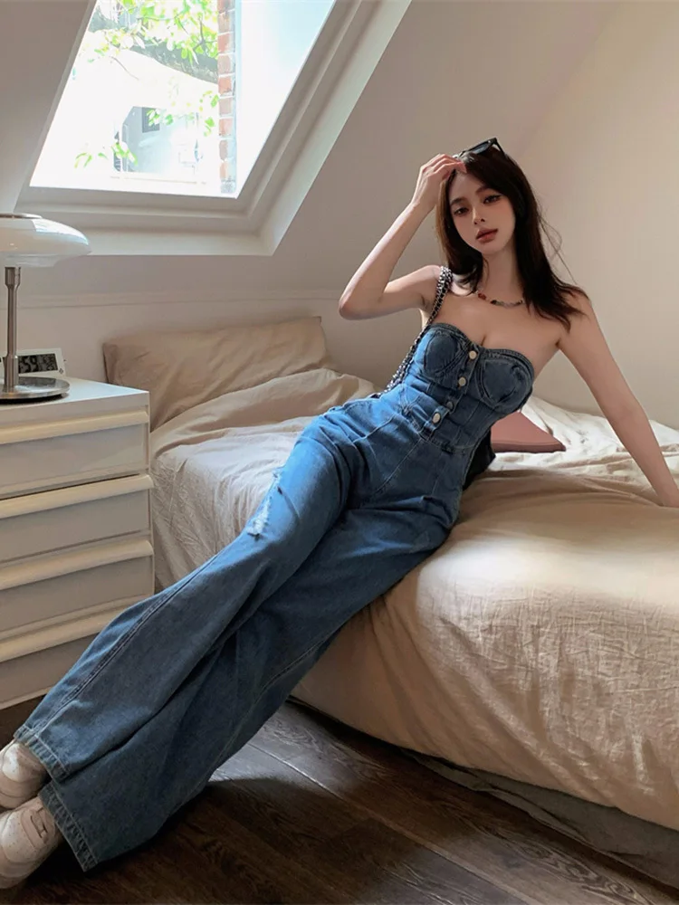 Korean Style Denim Jumpsuit Slim Waist Tube top one piece Wide Leg Pants Sexy Strapless Long Overalls Side Zipper Rompers