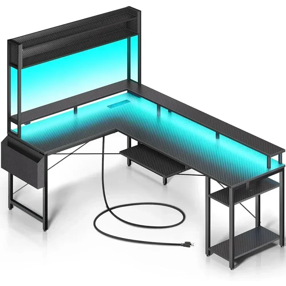 Mesa de computador em forma de L de 90,5", com suporte para monitor e gaiola, bandeja para teclado, mesa de escritório doméstico com luzes LED e tomadas elétricas