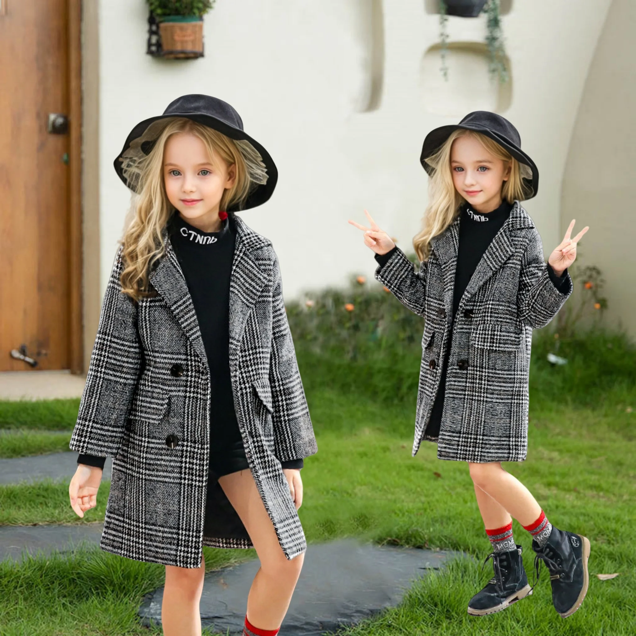 

Ветрозащитная уличная куртка для школьников, От 4 до 13 лет, зимнее теплое шерстяное пальто с узором «гусиные лапки» для девочек, шерстяное пальто для детей-подростков