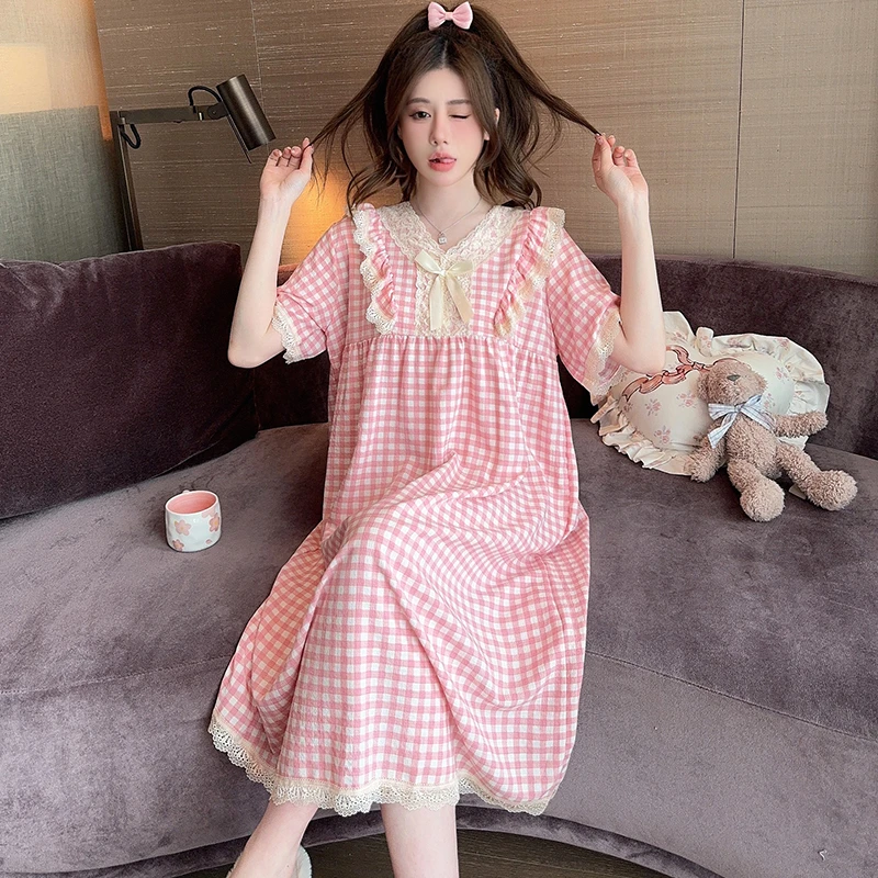 Grid Cherry Print Nightgown Sleepwear Womens Korean Style Ruffles Night Dress Pajamas Summer Short Sleeve Home Wear New In ﻿