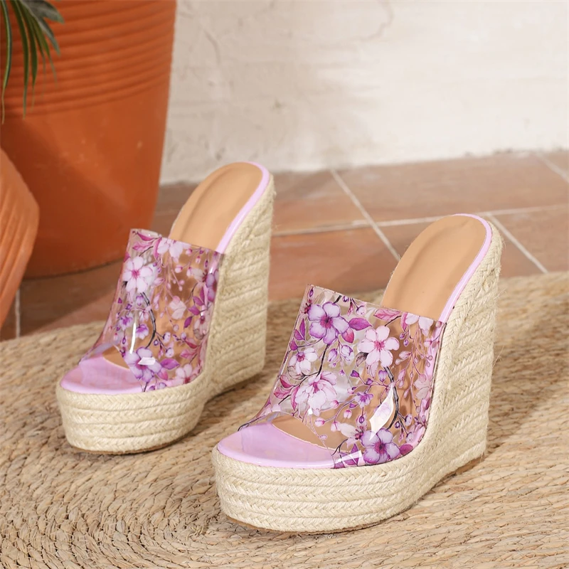 Eilyken PVC Transparent Flower Open Toe Platform Wedges Women Slippers Designer Twine Weave High Heels Banquet Slide Shoes view 4