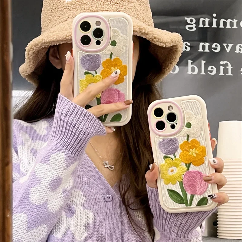 Embroidered Floral Design For iPhone 11 Pro Max Case 15 Plus Protective Cover 13 Pro Amx Anti-fall Protection Covers Mobile Phon