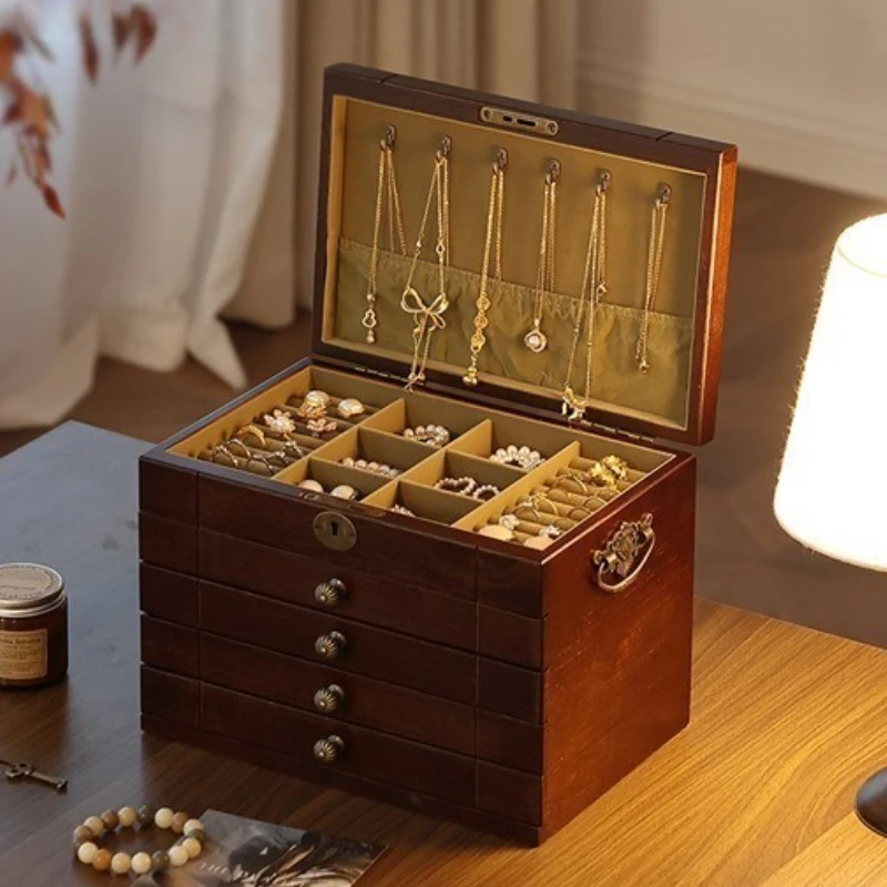 Walnut Wooden Jewelry Storage Box Handheld Bracelet Earring Boxes Hang Necklace Display Case Large Organizer Jewellery Cases
