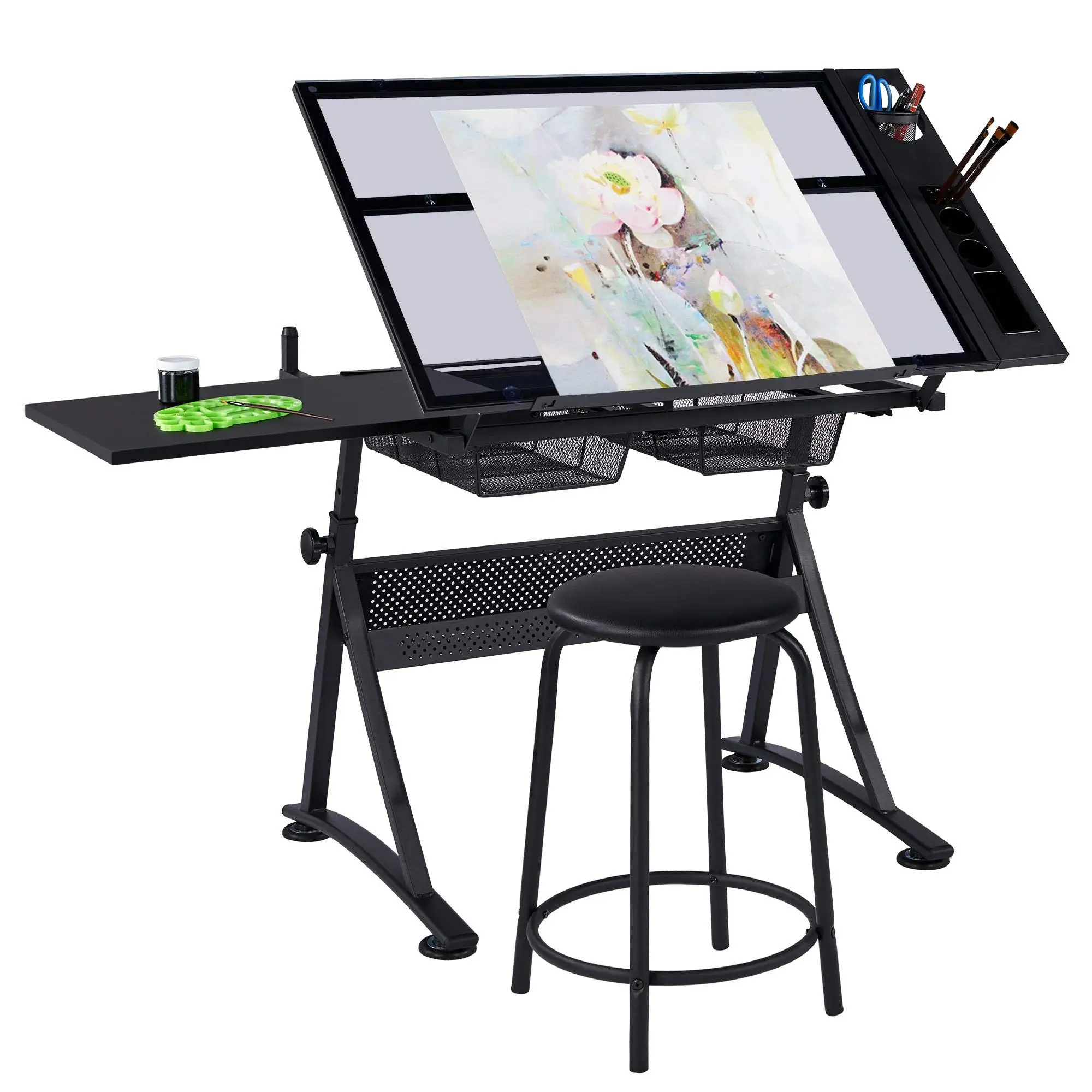 Mesa de Dibujo, Escritorio para Manualidades con Tablero Ajustable, Estación de Trabajo para Pintores/Artistas, Mesa de Estudio con Taburete, Templada