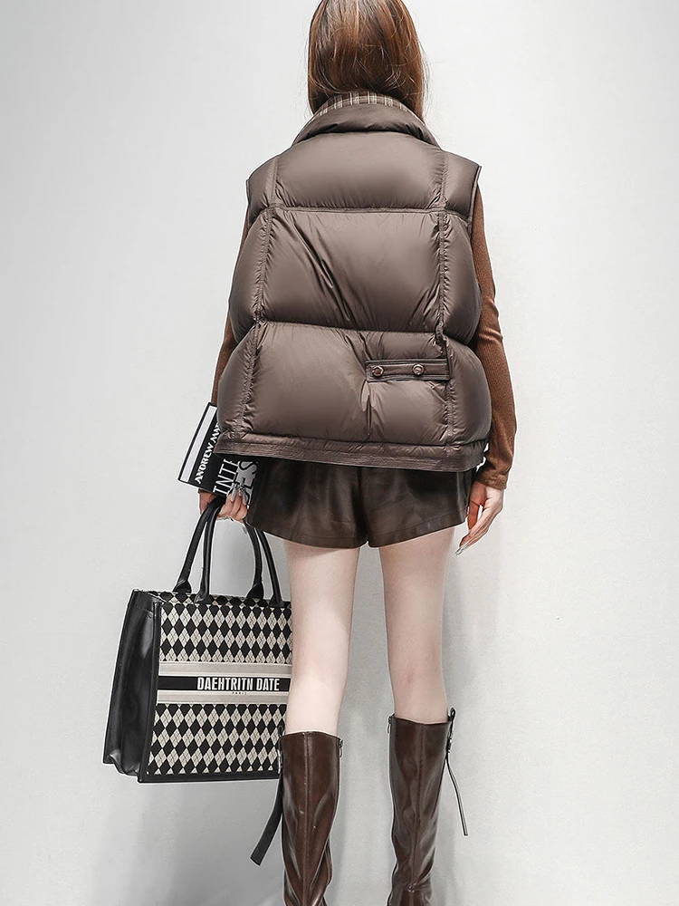 Autumn Winter Retro Splicing Down Vest Female Stand Collar Zipper Waistcoat Women White Duck Down Waterproof Sleeveless Vest Top