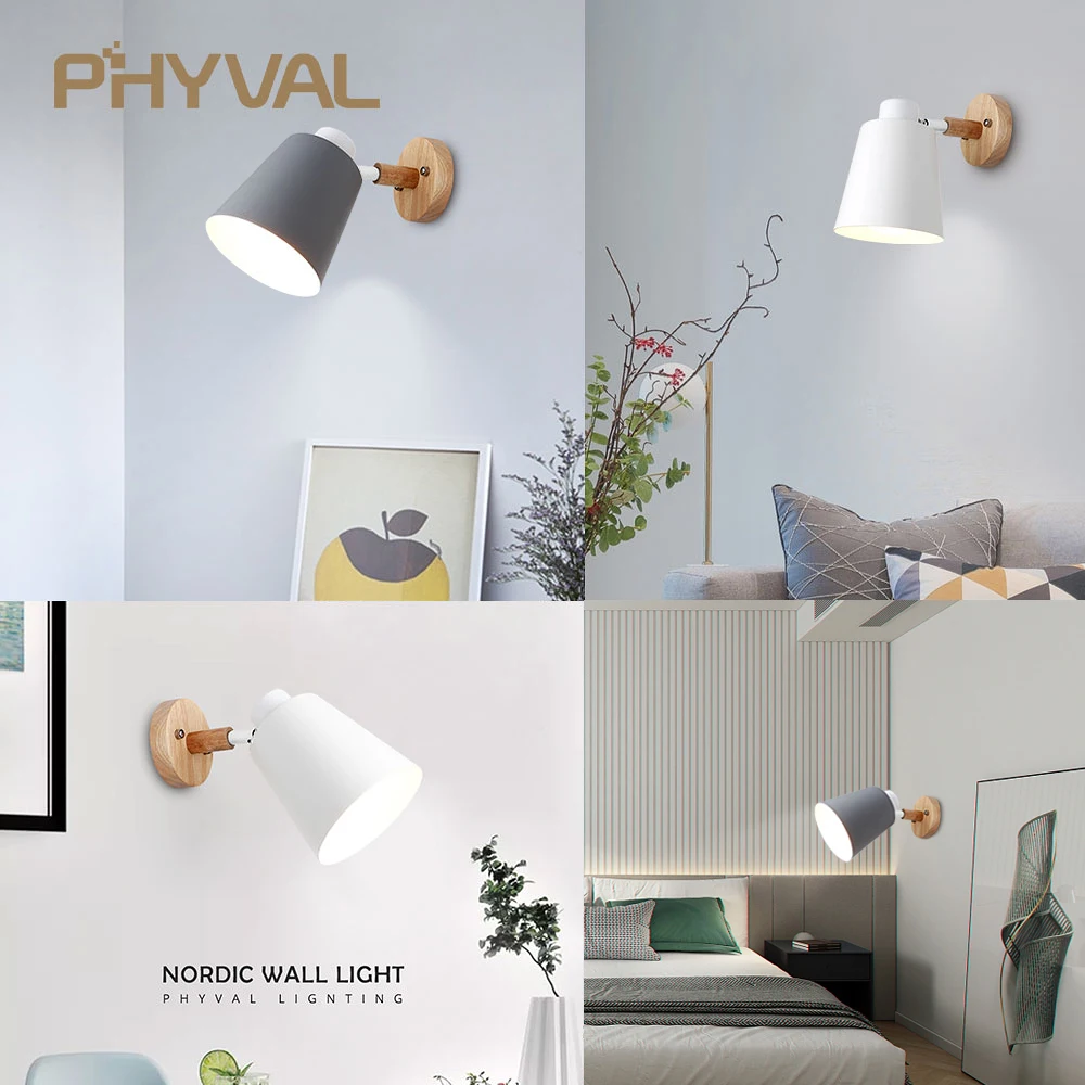 PHYVAL Nordic Wall Lamp Bedside Wall Light Wooden Wall Sconce For Bedroom Living Room Home Lighting E27 Macaroon Steering Head