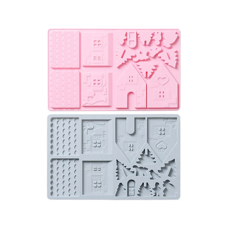 Building Block House Christmas Chocolate Mold Silicone Mould Gingerbread House Cookie Mold For Cake Fudge Christmas Decoration