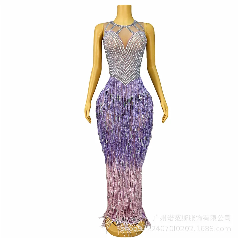 

Gradual Change Purple Tassel Pinch Waist Thin Seaside Vacation Fashion Party Miss Universe Chooses Beautiful Clothes Bar To Sing