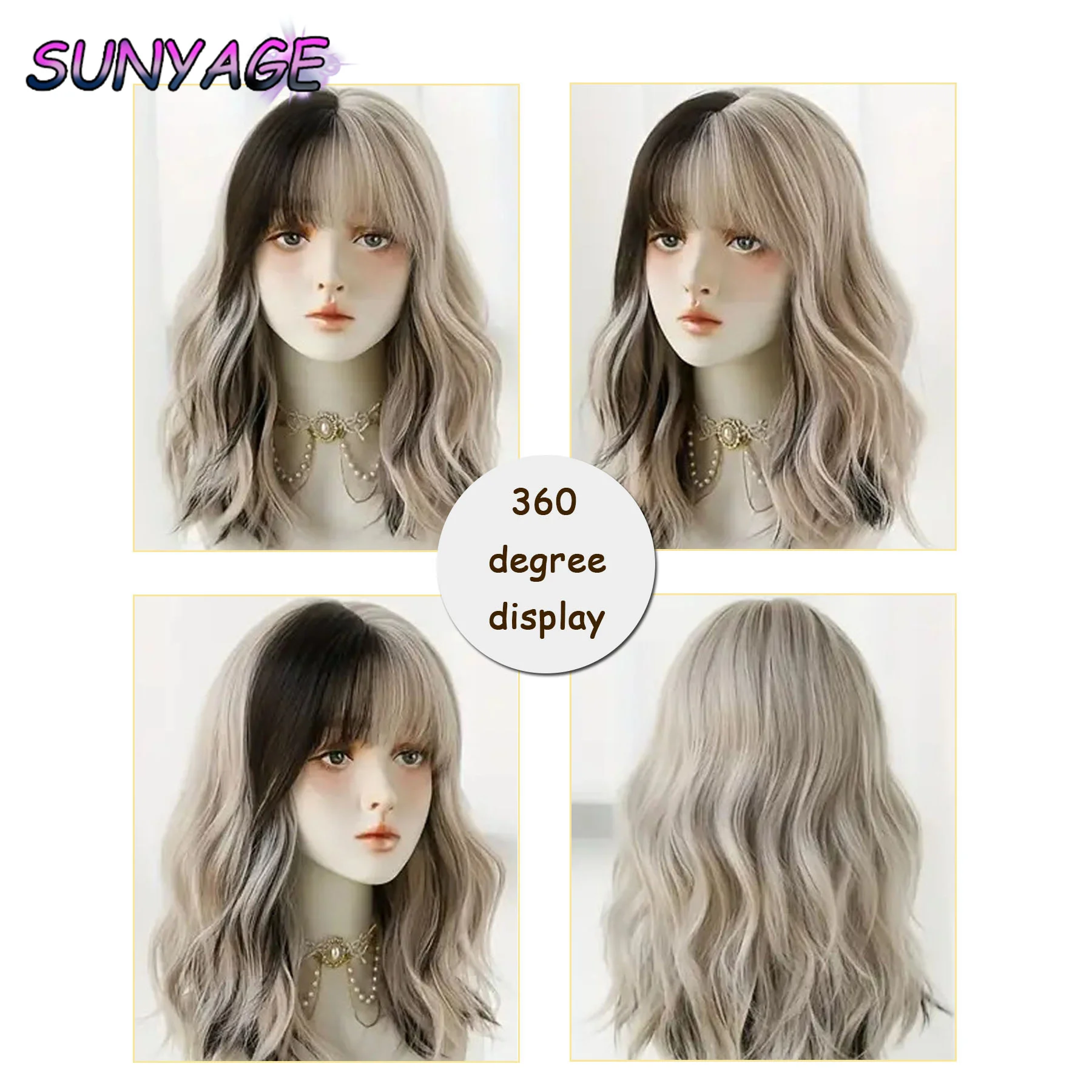 SUNYAGE-Peruca ondulada preta prateada para mulheres, peruca de cabelo sintético natural, fibra resistente ao calor, parte média, cosplay de festa diária