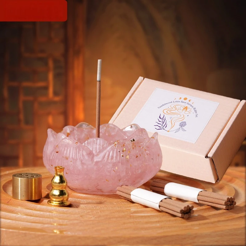 Luxury Chinese Style Resin Lotus Incense Base Natural Raw Crystal Chips Cornucopia Dual Purpose Storage Holder