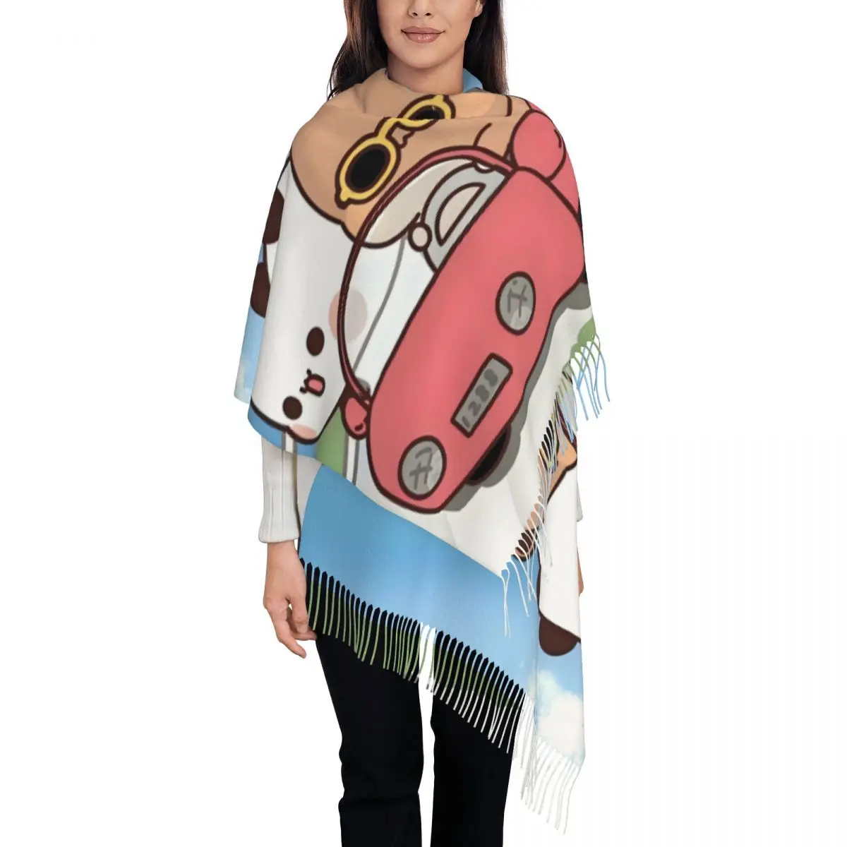 

Женские большие шарфы персикового цвета и Гома Бубу Дуду на заказ, женские зимние толстые теплые шаль с кисточками, шарф с медведем из мультфильма аниме панды