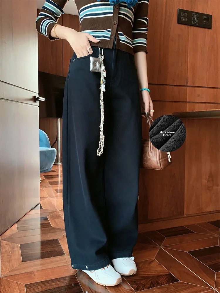 

Meiyang Thi Fce теплые джинсовые брюки с высокой талией, длинные брюки для отдыха, зимние брюки-бананы глубокого цвета с водной талией