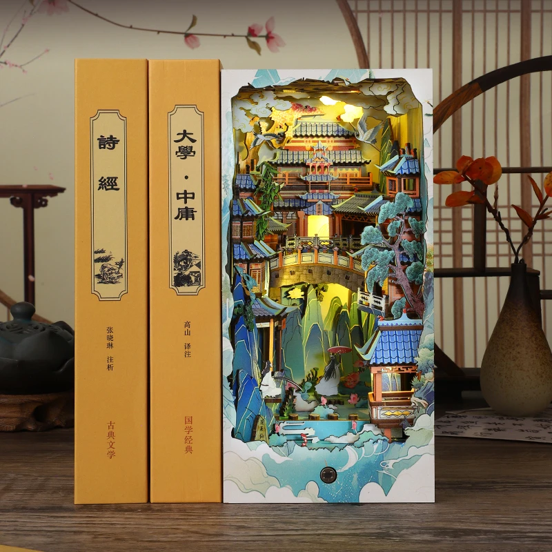 

DIY Wooden Book Corner Bookshelf Insert Miniature Model Kit China Penglai Wonderland Bookshelf Home Bookend Decoration Handmade