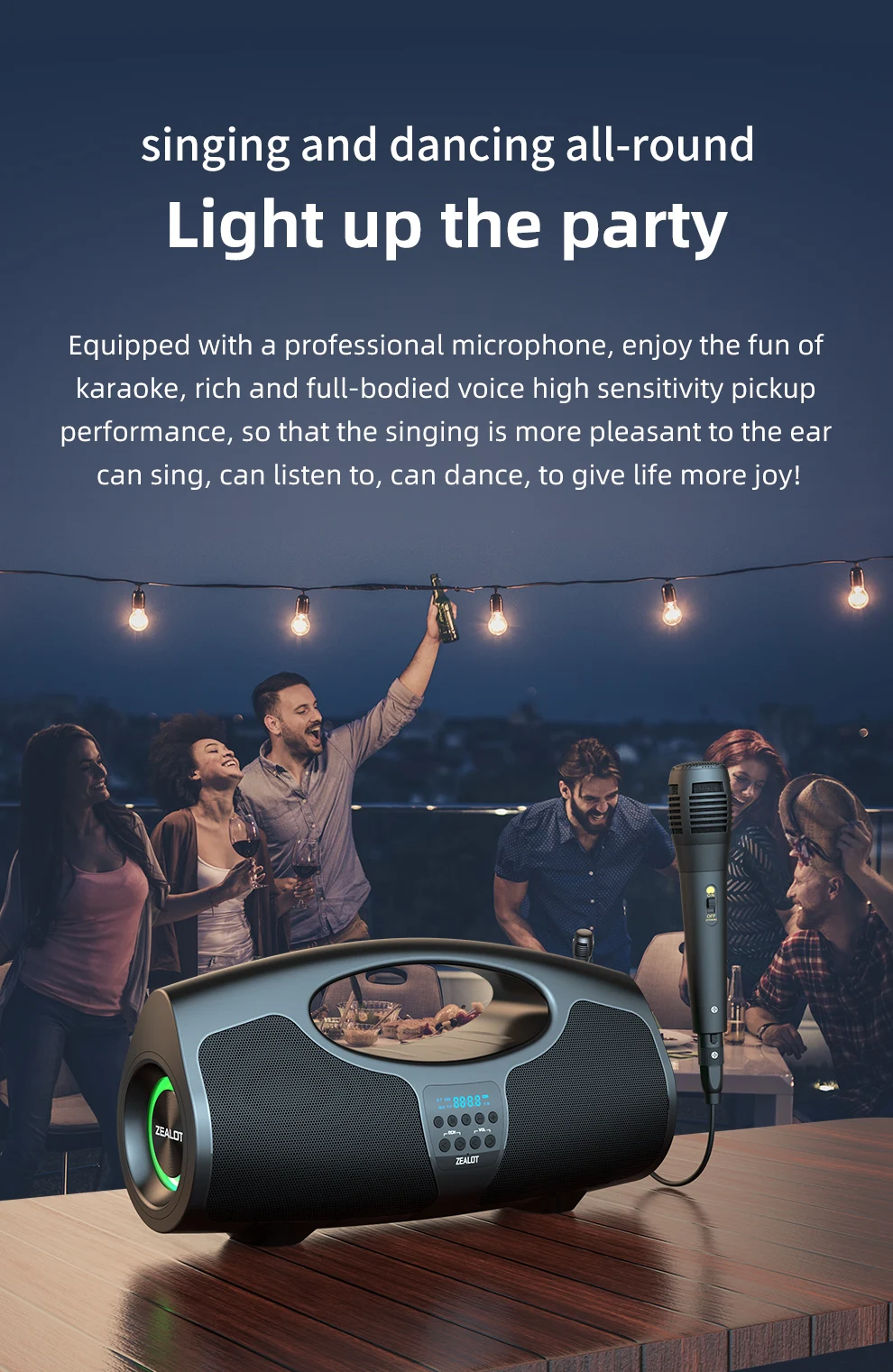 Zealot-P1 Karaoke Tragbarer Bluetooth-Lautsprecher mit IPX5 Wasserschutz, Komfortablem Griff, Steuerbarer Beleuchtung, 40W, für Draußen – Detail 3