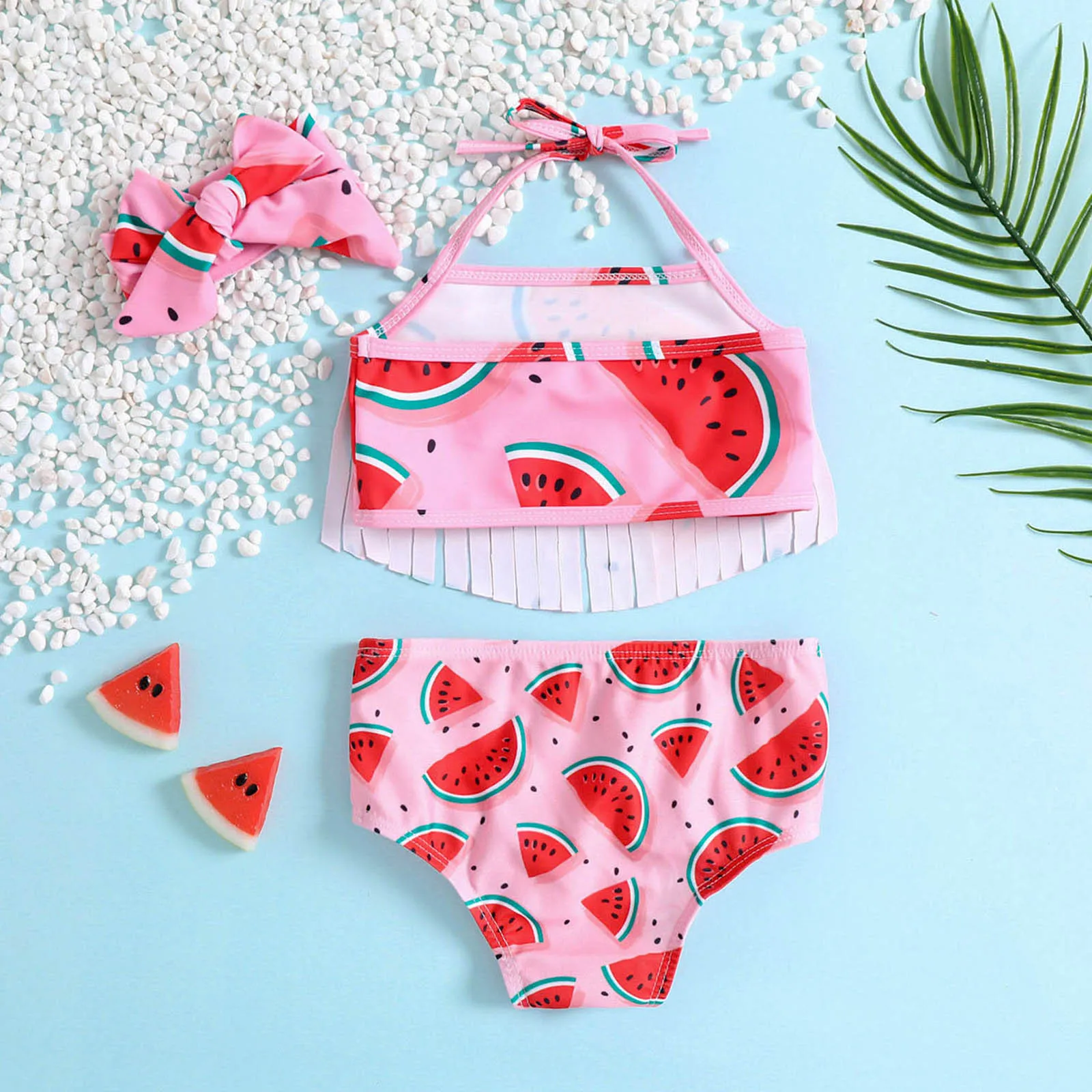 5t Swim Suit Summer Toddler Girls Bowknot Strawberry Prints Tassel Three Piece Swimwear Swimsuit Bikini Swimming Suit For Kids