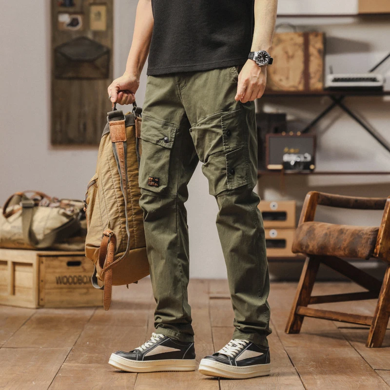 

Men's Retro Solid Color Cotton Work Pants for Autumn Winter Durable Casual Trousers with Multiple Pockets
