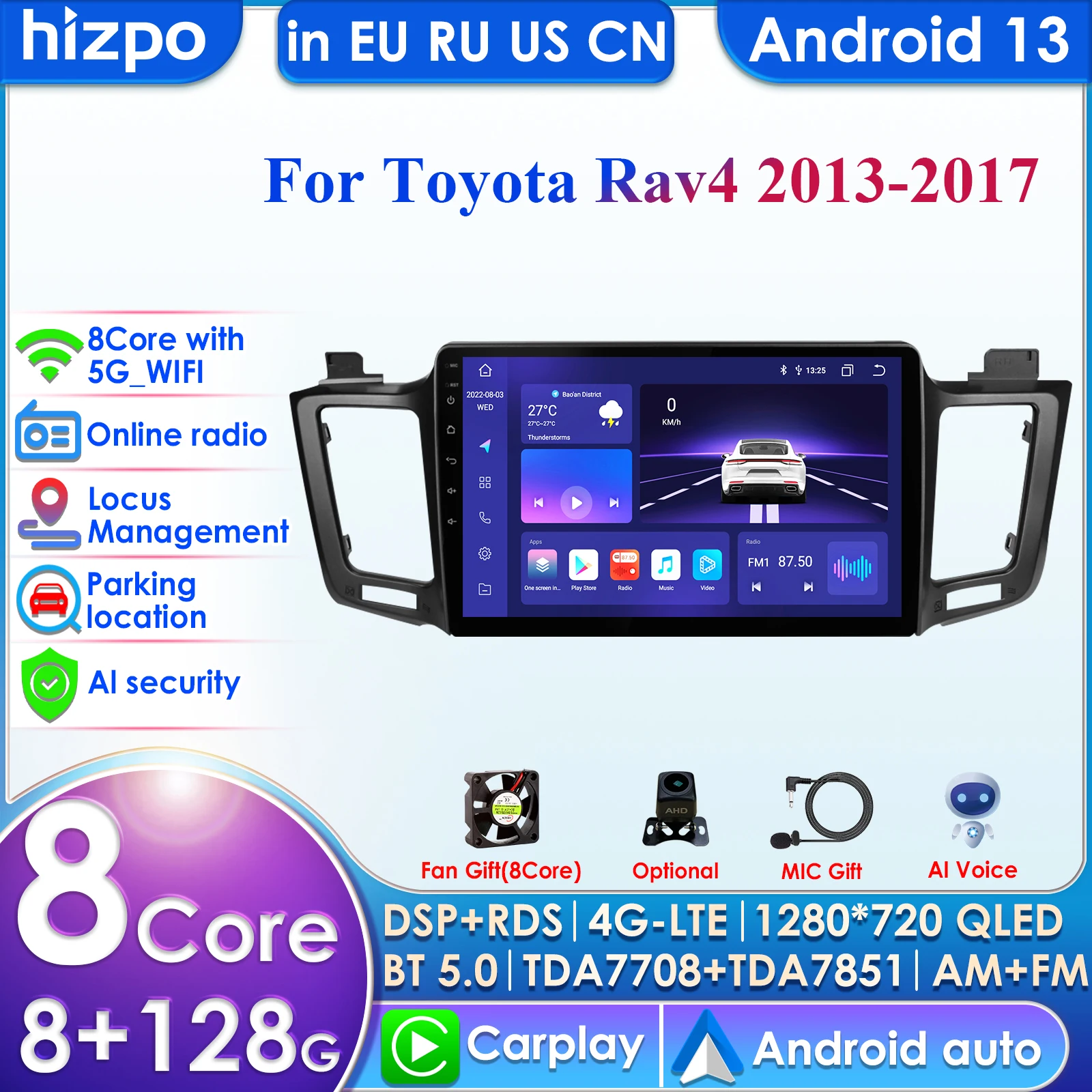 8GB+128GB 2din Android for Toyota RAV4 4 XA40 5 XA50 2012 - 2018 Car Radio Carplay Multimedia Video Player Navigation Stereo GPS