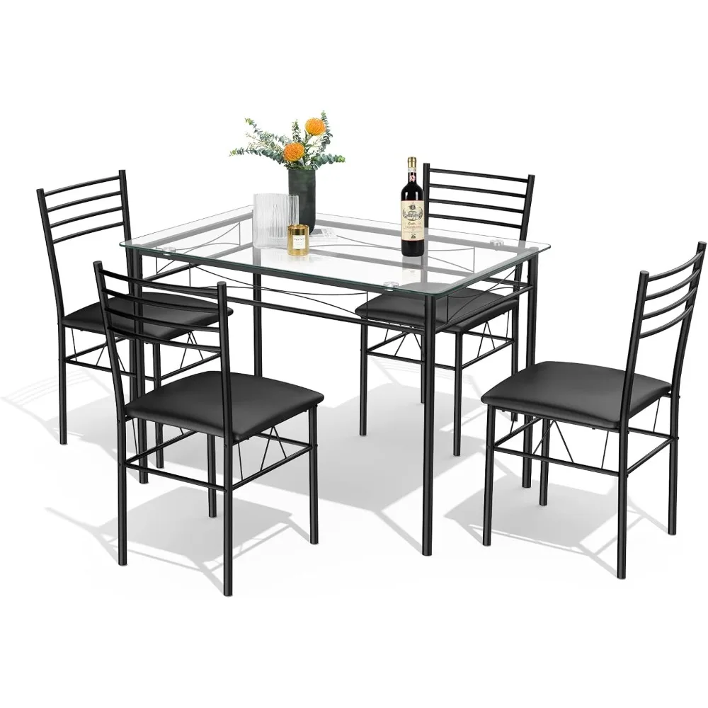 5Pieces Dining Set 4 Person Home Kitchen Glass Top Table and Chairs Breakfast Furniture,43.5 X 27.5 X 30 Inches,Dining Room Sets