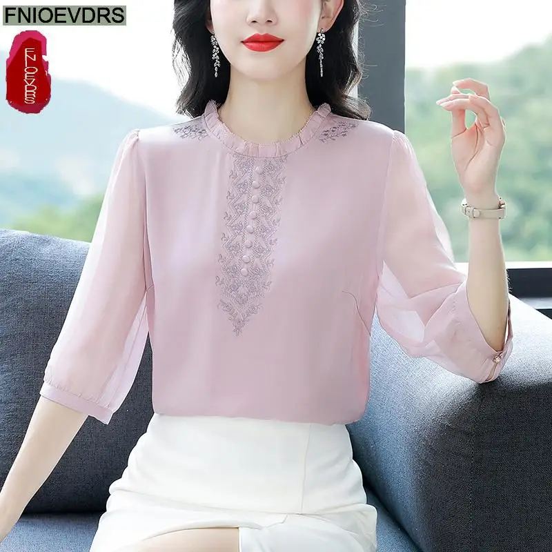 2024 Fashion Button Ruffles Tops Women Basic Wear Office Lady Stand Collar Pink Purple Green Elegant Retro Vintage Shirts Blouse