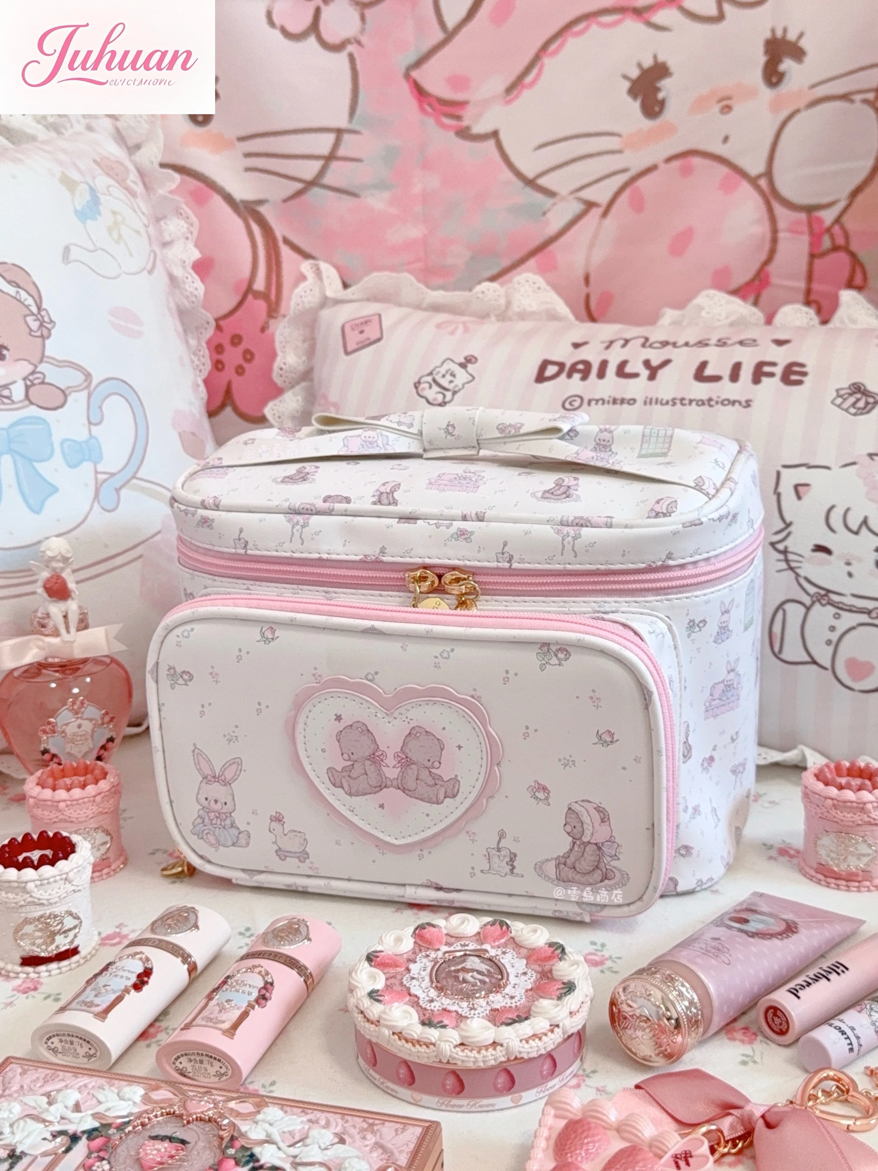 

Sweet Powder Cartoon Anime Fun Cute Rabbit Bear Large Capacity Portable Cosmetic Case Bags for Women Lolita Bow Love Storage Bag