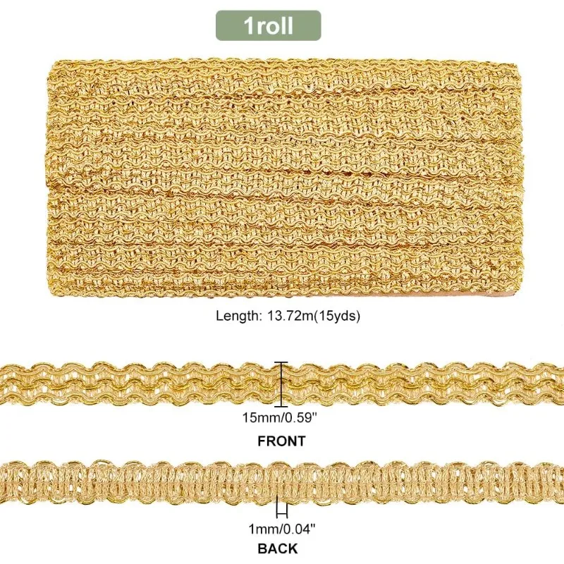 1Roll 15 Yards Golden Braid Lace Trim 15mm Wavy Woven Lace Ribbon Filigree Gimp Braid Trim for Curtain Upholstery Home