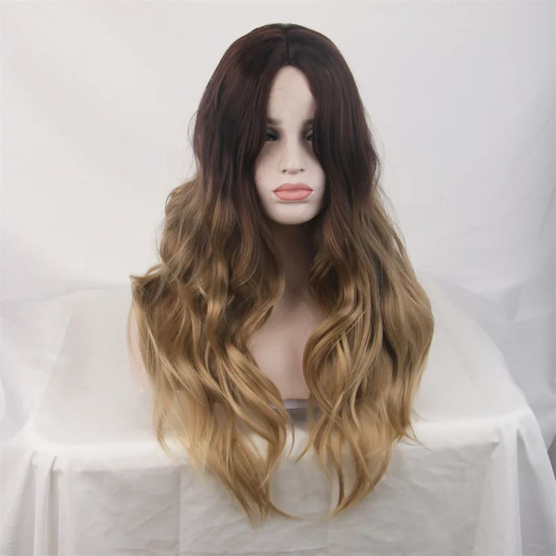 

Big Wave High Temperature Fiber European and American Style Middle Part Long Curly Wig for Women Full Head Wig Brown Gradient to