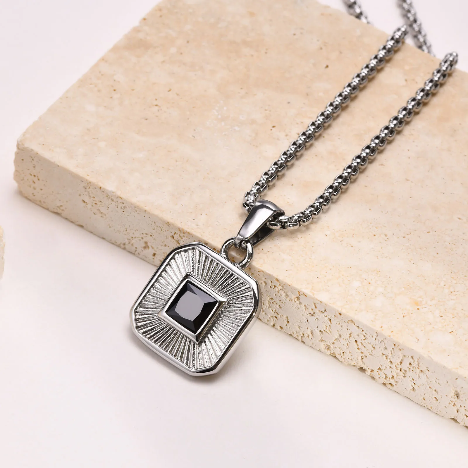 Men\'s Pendant Necklace,Black Square Zircon Embossing Radiation Sunburst Pendant Collars,Stylish Stainless Steel Jewelry Gifts