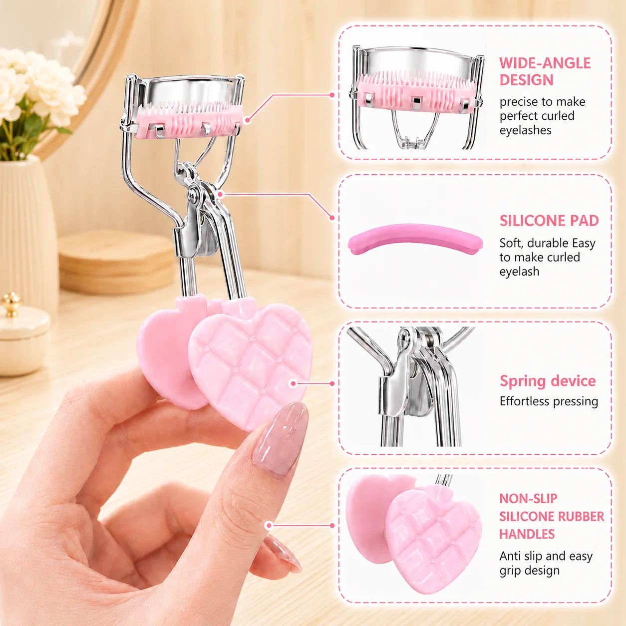 1/6/16pcs pink love handle with comb eyelash curler, which makes eyelashes curl more permanently, suitable for beginners.