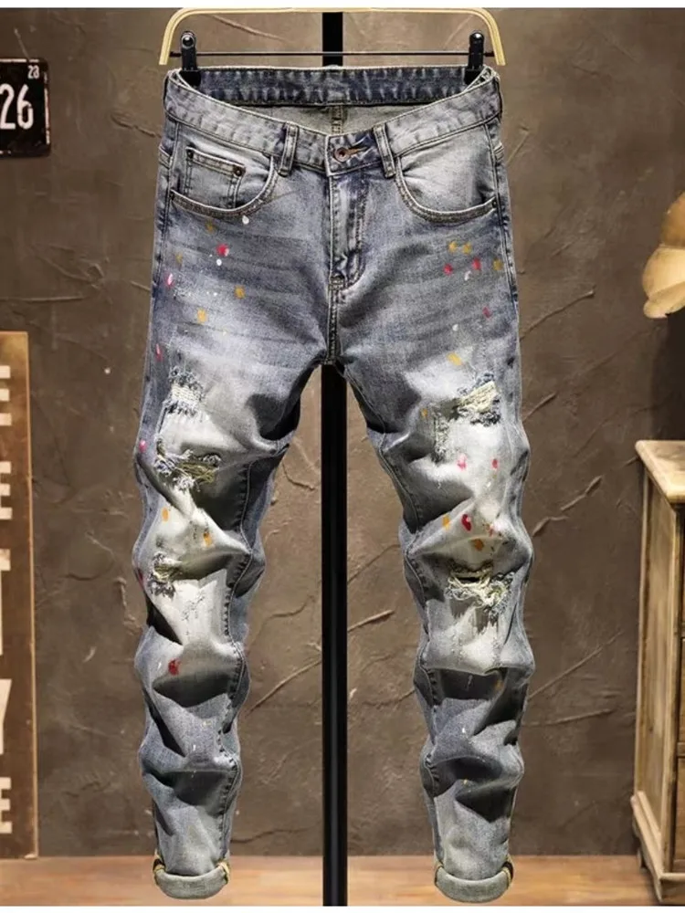 Jeans déchirés élastiques pour hommes, petites jambes, décontracté, mince, confortable, respirant, grande taille, printemps et automne, nouvelle tendance de la mode, 2024