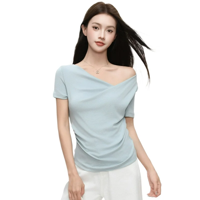 2026 Summer New Fashionable High-end Slimming Top Dopamine Irregular Swing-neck Off-the-shoulder Short-sleeved T-shirt for Women