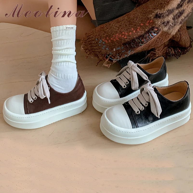 Meotina Women Genuine Leather Sneakers Round Toe Flat Platform Mid Heels Lace-up Mixed Colors Ladies Fashion Shoes Spring Autumn