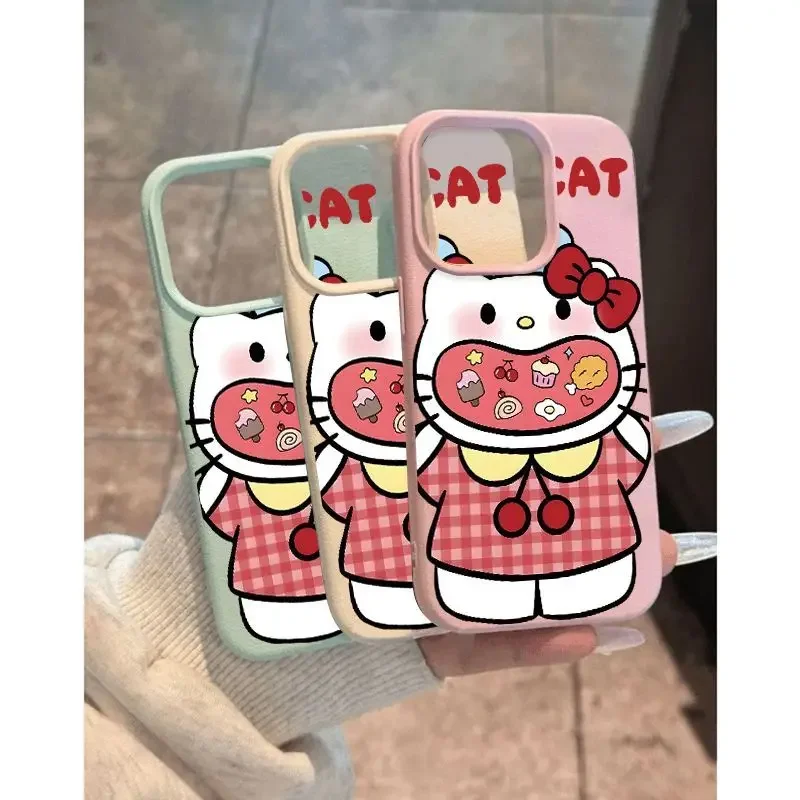

Greedy Hello Kitty funny fashion TPU imitation leather phone case for iPhone 16 plus 15 14 13 12 11 pro Max shock-absorbing