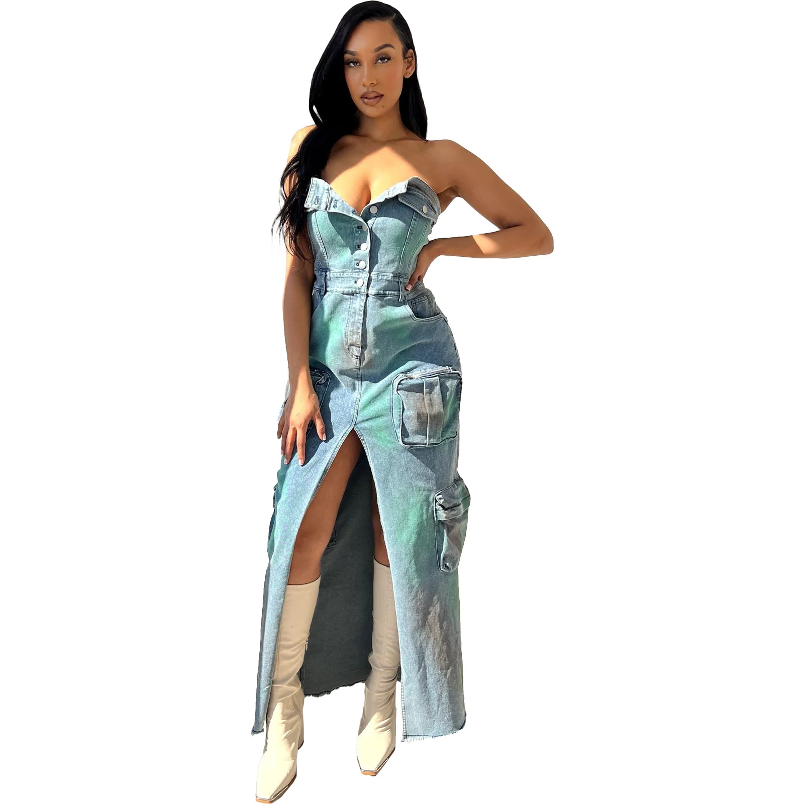 

Casaul Women Jeans Long Dress Denims With Pocket Slash Neck Split Out Winter Dresses For Women Vestidos