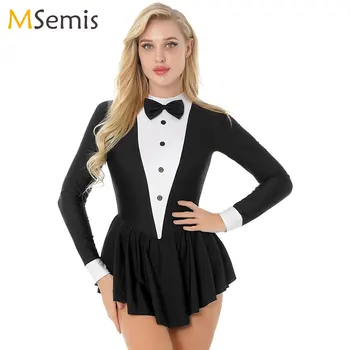 วัยรุ่นสเก็ตชุดสตรีผู้ใหญ่แขนยาวโบว์ทักซิโด้กระโปรงยิมนาสติก Leotard แจ๊สละตินเต้นรำเครื่องแต่งกาย