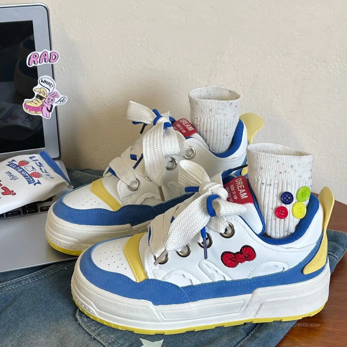 Sanrio Hello Kitty estetyczna kokardka Color Block buty deskorolkowe moda Y2k uniwersalne buty na platformie trampki kreskówki dla kobiet